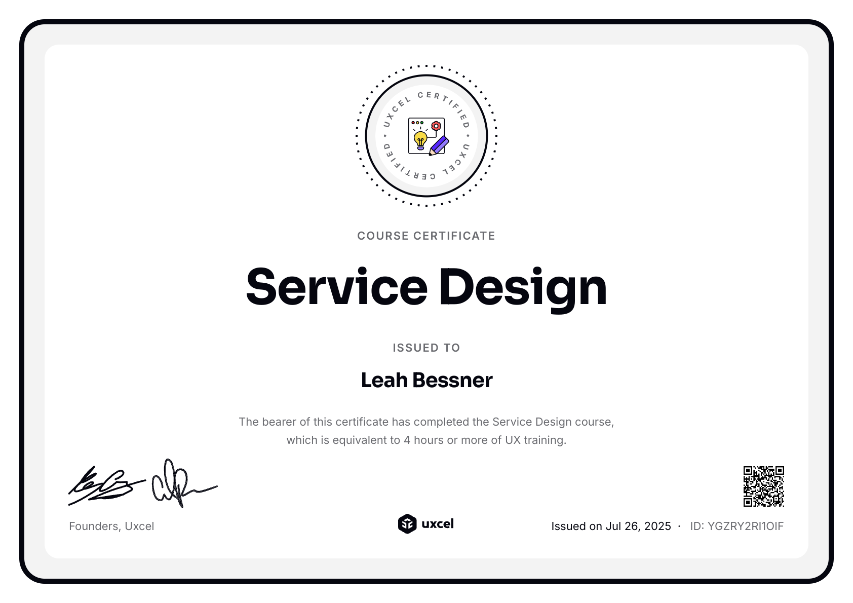 Leah Bessner's certificate